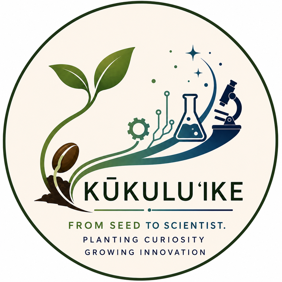 Kūkulu ʻIke logo: a seedling growing into science and technology icons, a gear, circuit, flask, and microscope